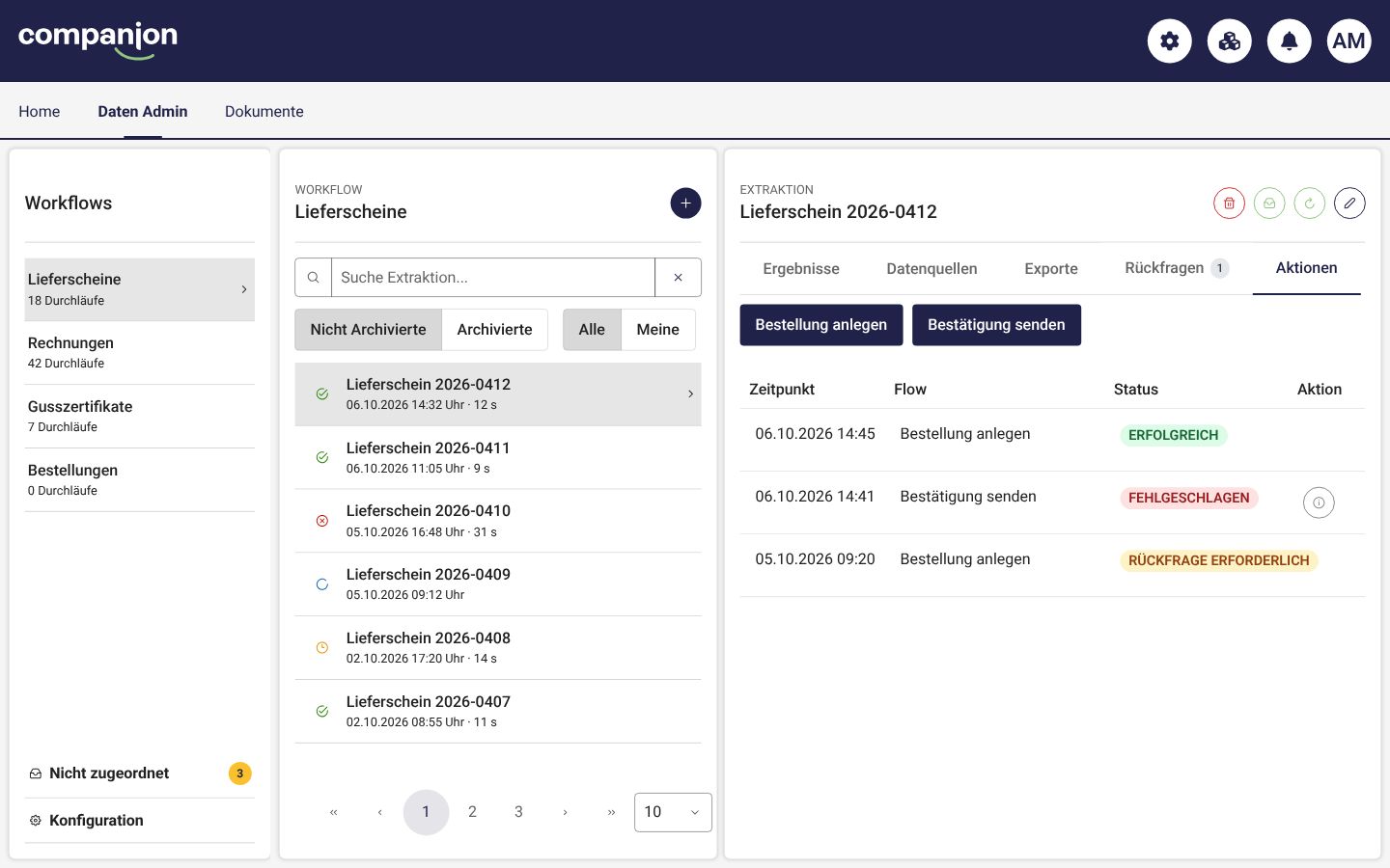Daten Admin, Reiter Aktionen mit Status pro Flow