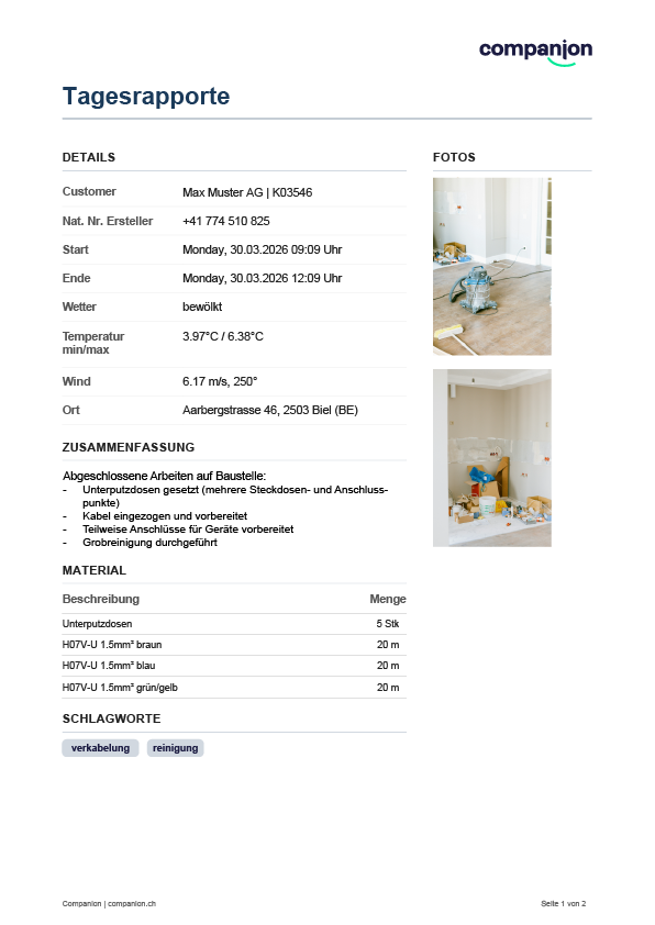 Rapport als PDF mit Kunde, Wetter, Arbeiten, Material und Fotos